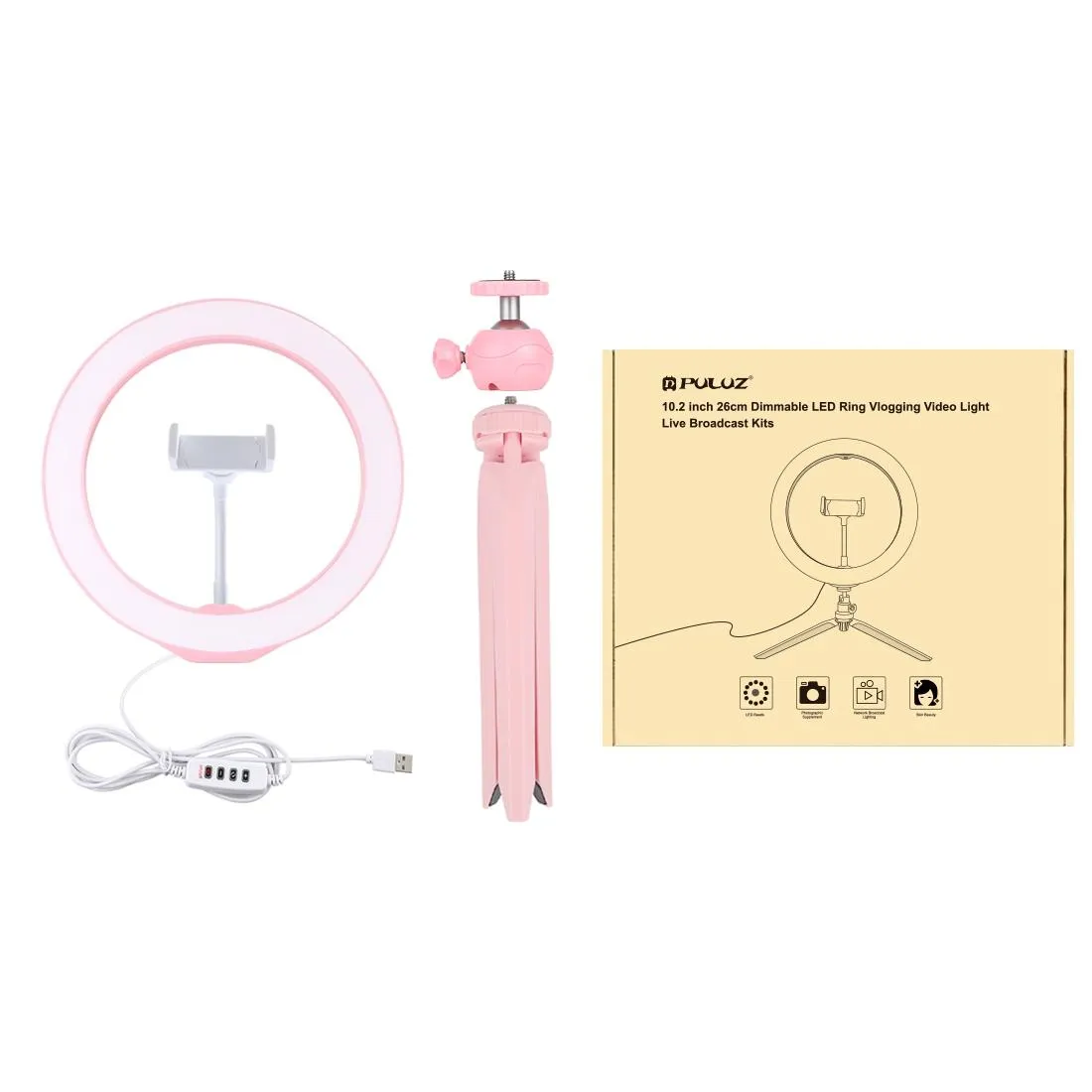 10.2 Selfie Beauty Light with Tripod Mount and Usb 3 Modes Dimmable Led Ring for Vlogging and Photography Cold Shoe Ball Head and Phone Clamp