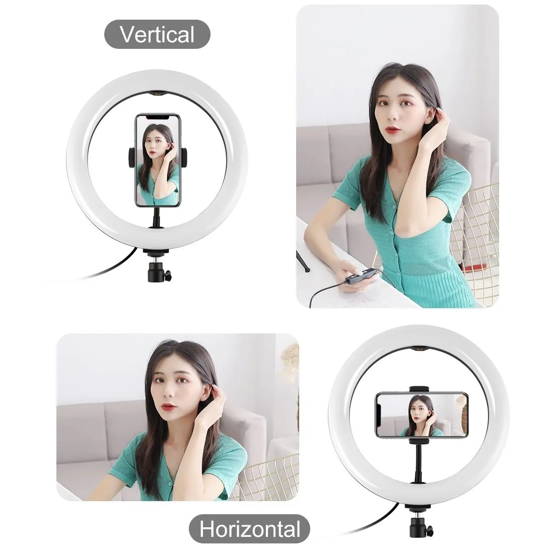 10.2 Selfie Beauty Light with Tripod Mount and Usb 3 Modes Dimmable Led Ring for Vlogging and Photography Cold Shoe Ball Head and Phone Clamp