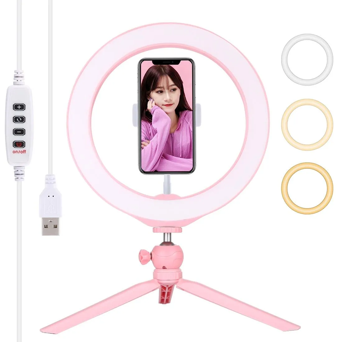 10.2 Selfie Beauty Light with Tripod Mount and Usb 3 Modes Dimmable Led Ring for Vlogging and Photography Cold Shoe Ball Head and Phone Clamp