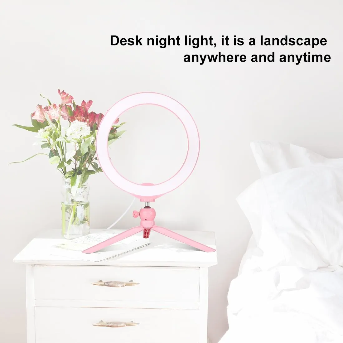 10.2 Selfie Beauty Light with Tripod Mount and Usb 3 Modes Dimmable Led Ring for Vlogging and Photography Cold Shoe Ball Head and Phone Clamp