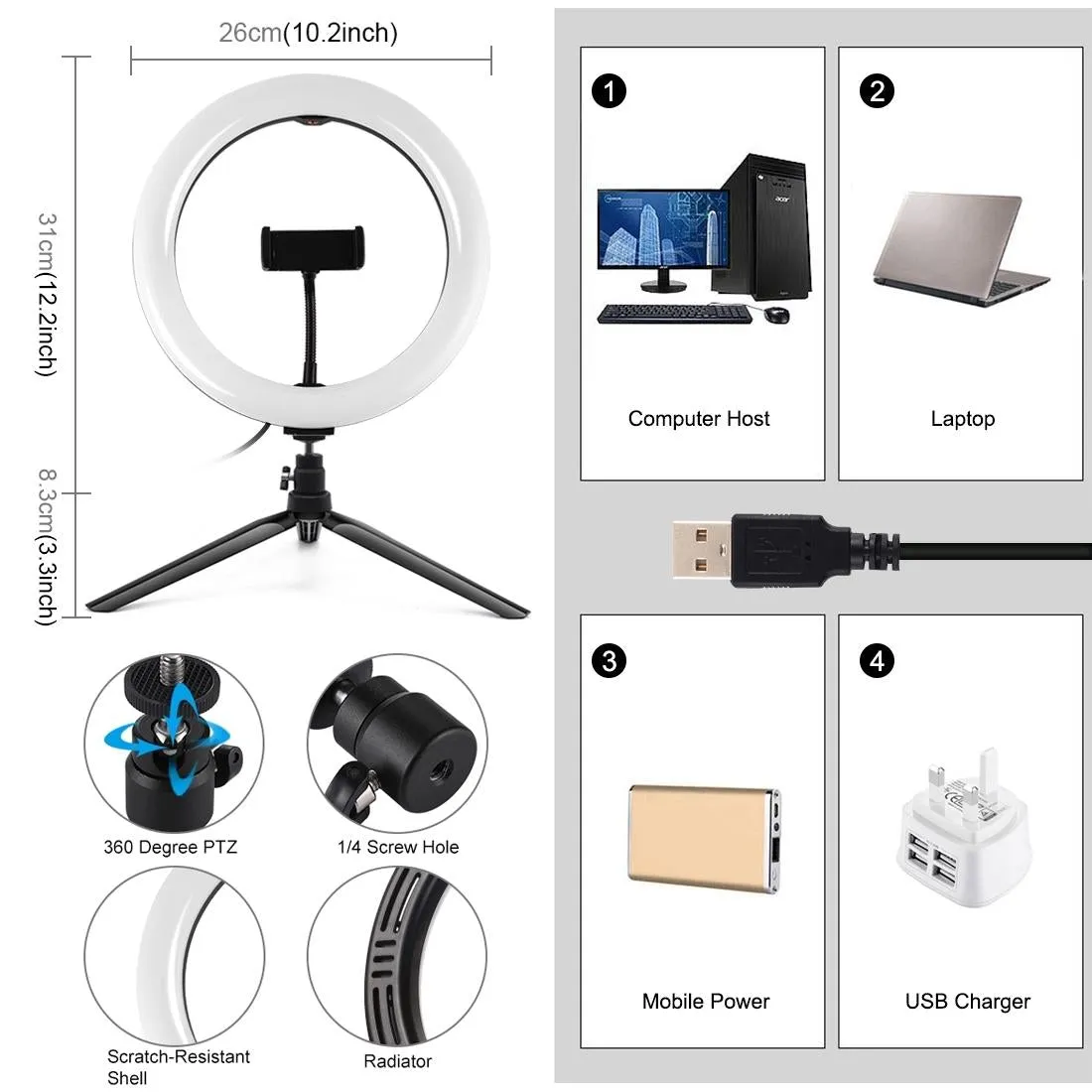 10.2 Selfie Beauty Light with Tripod Mount and Usb 3 Modes Dimmable Led Ring for Vlogging and Photography Cold Shoe Ball Head and Phone Clamp
