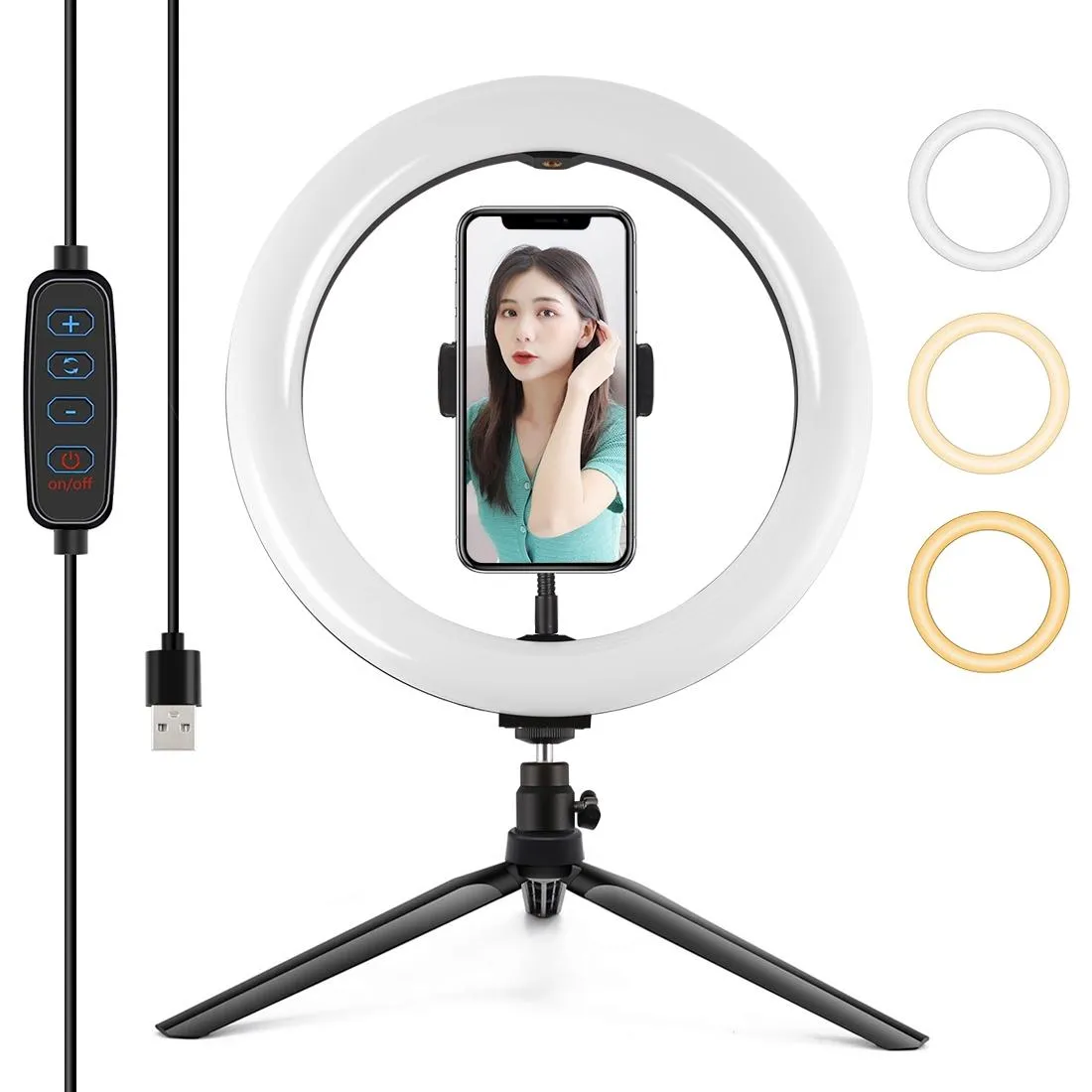 10.2 Selfie Beauty Light with Tripod Mount and Usb 3 Modes Dimmable Led Ring for Vlogging and Photography Cold Shoe Ball Head and Phone Clamp