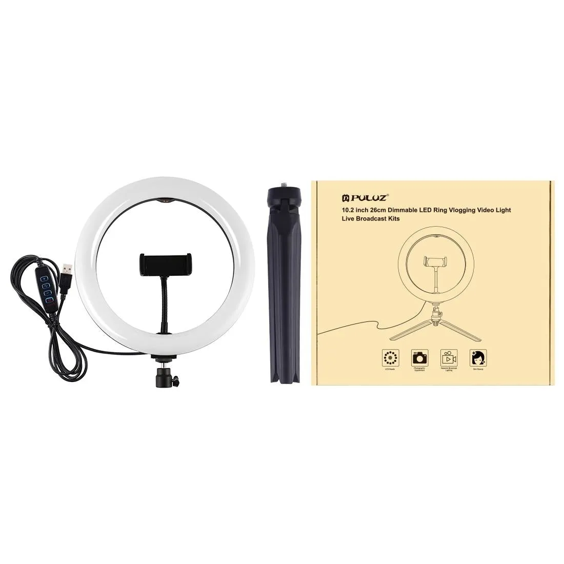 10.2 Selfie Beauty Light with Tripod Mount and Usb 3 Modes Dimmable Led Ring for Vlogging and Photography Cold Shoe Ball Head and Phone Clamp