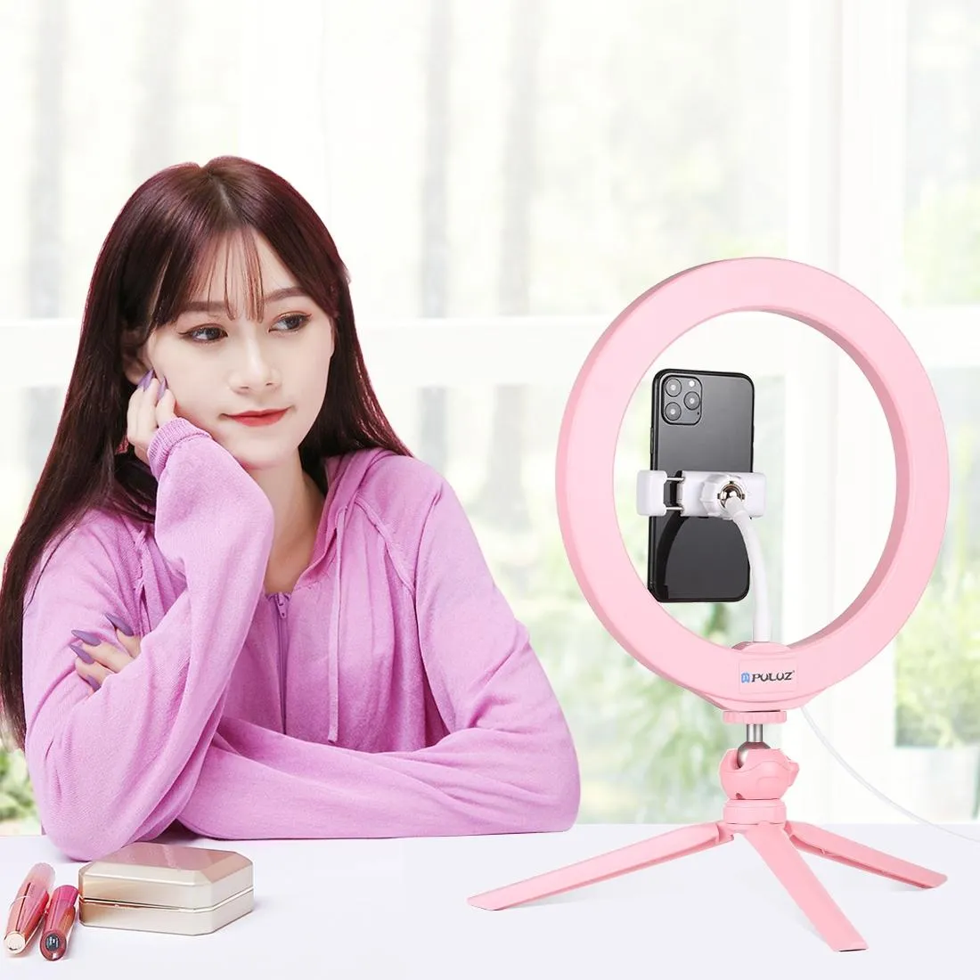 10.2 Selfie Beauty Light with Tripod Mount and Usb 3 Modes Dimmable Led Ring for Vlogging and Photography Cold Shoe Ball Head and Phone Clamp