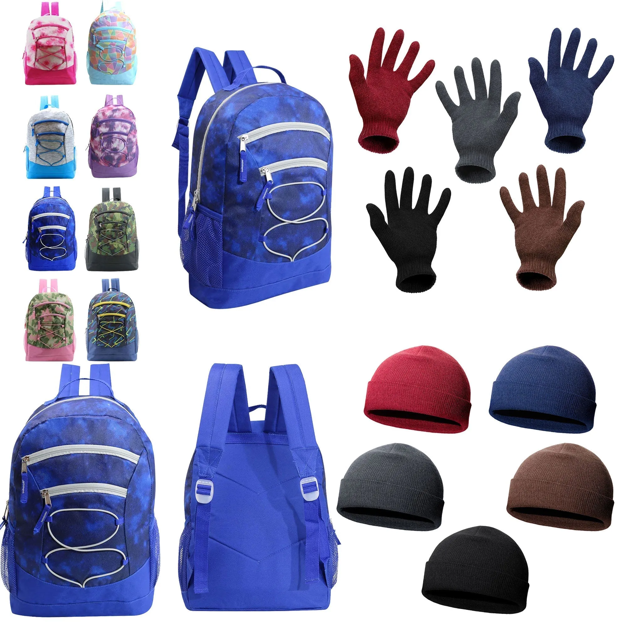 12 Bungee 17" Premium Backpacks & Your Choice of 12 Winter Item Sets - Wholesale Care Package: Homeless, Emergency, Charity