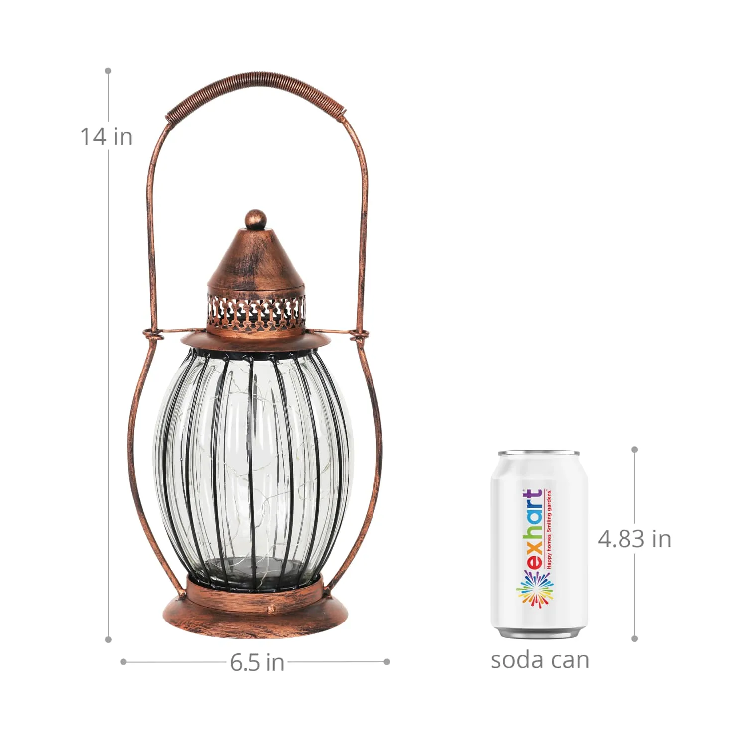 Solar Antique Metal and Clear Glass Accent Lantern with Fifteen LED Fairy Firefly String Lights, 7 by 14 Inches