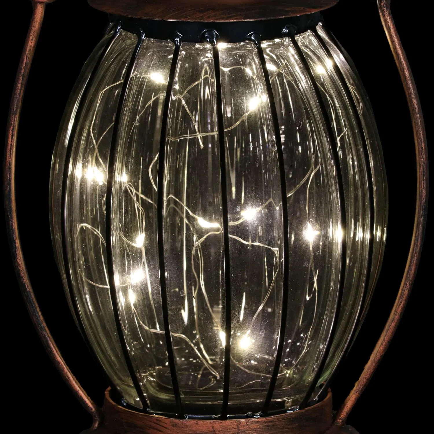Solar Antique Metal and Clear Glass Accent Lantern with Fifteen LED Fairy Firefly String Lights, 7 by 14 Inches