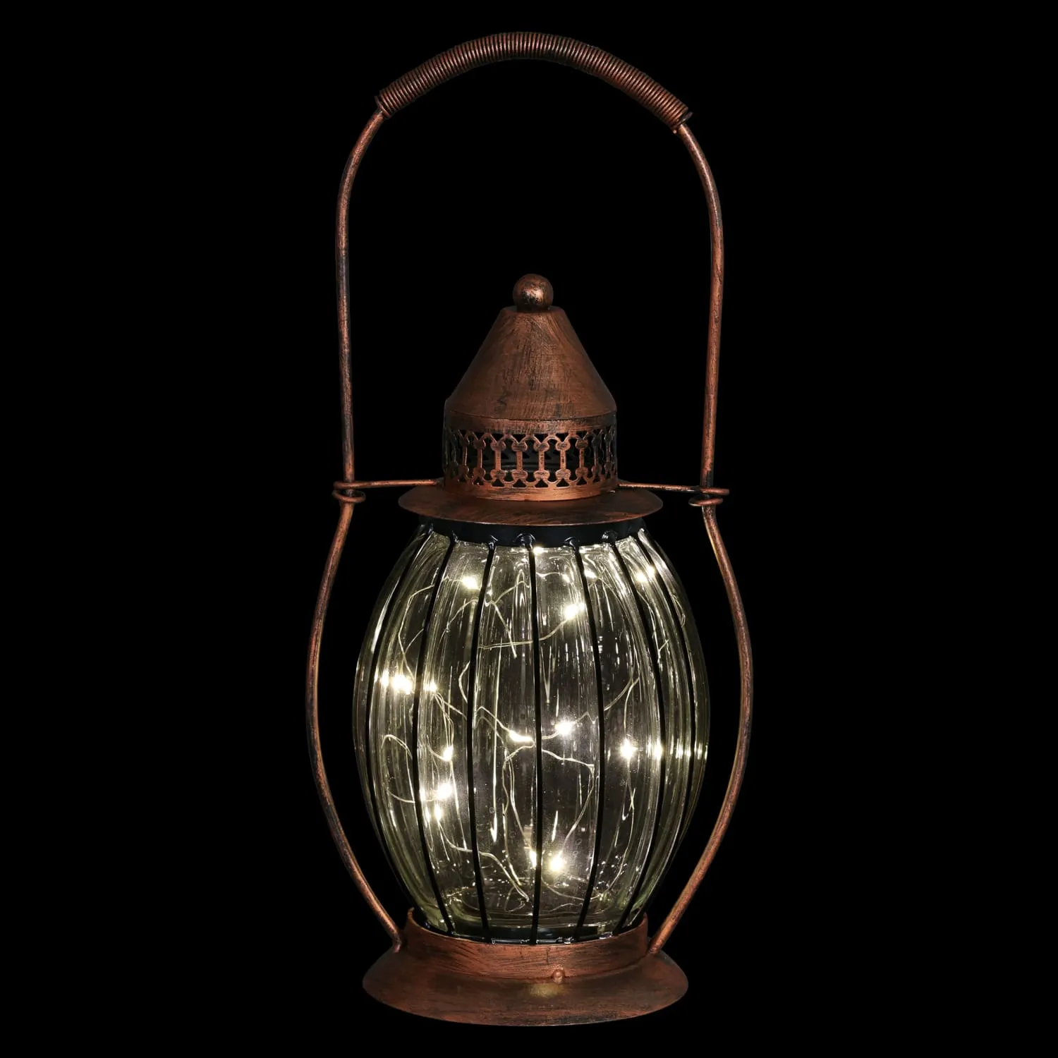 Solar Antique Metal and Clear Glass Accent Lantern with Fifteen LED Fairy Firefly String Lights, 7 by 14 Inches