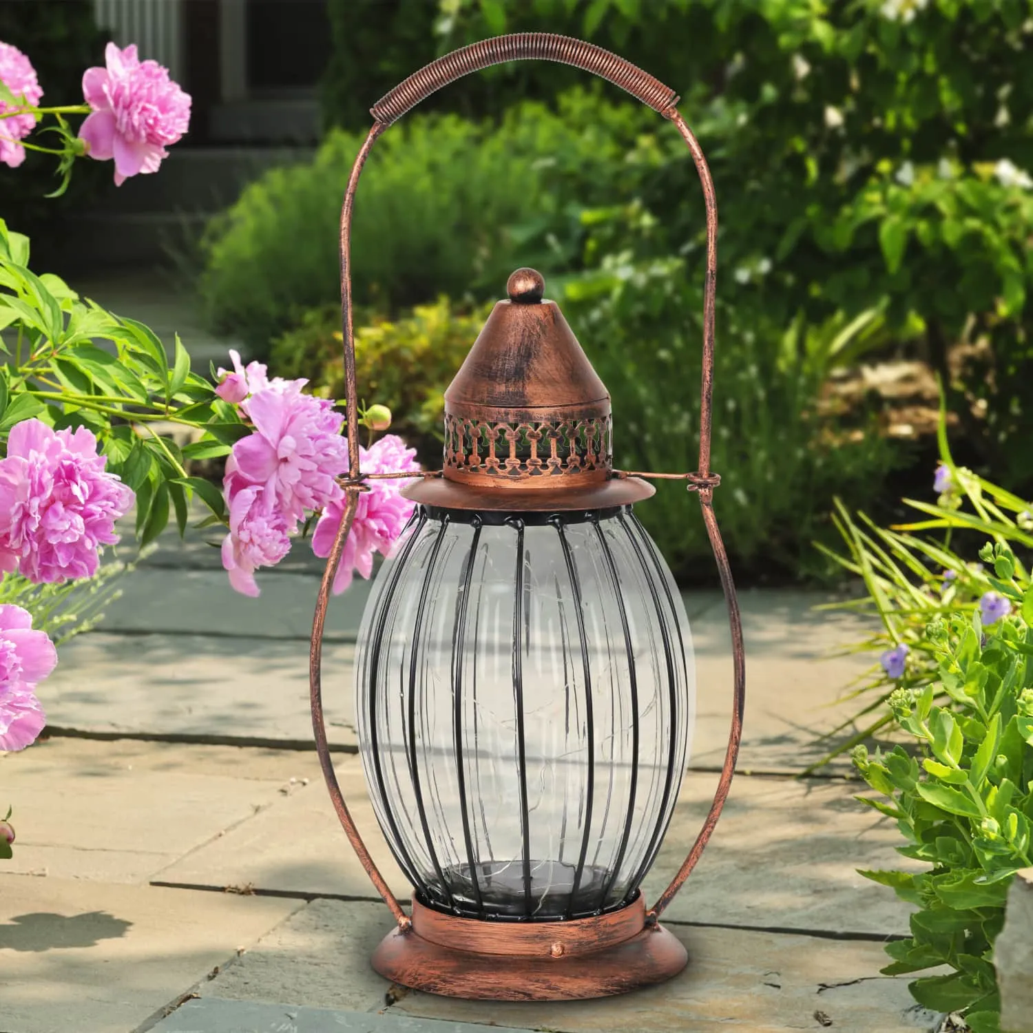 Solar Antique Metal and Clear Glass Accent Lantern with Fifteen LED Fairy Firefly String Lights, 7 by 14 Inches