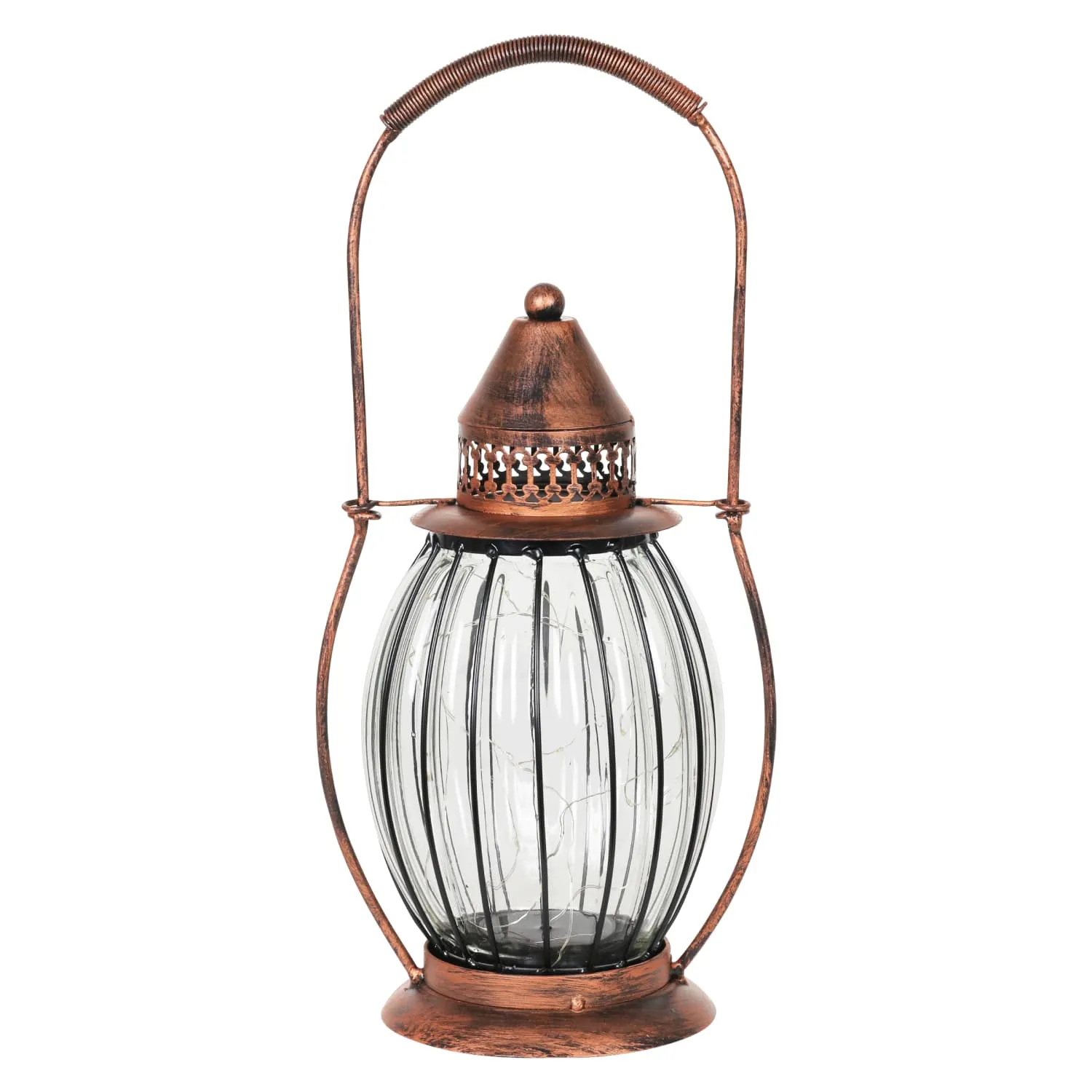 Solar Antique Metal and Clear Glass Accent Lantern with Fifteen LED Fairy Firefly String Lights, 7 by 14 Inches