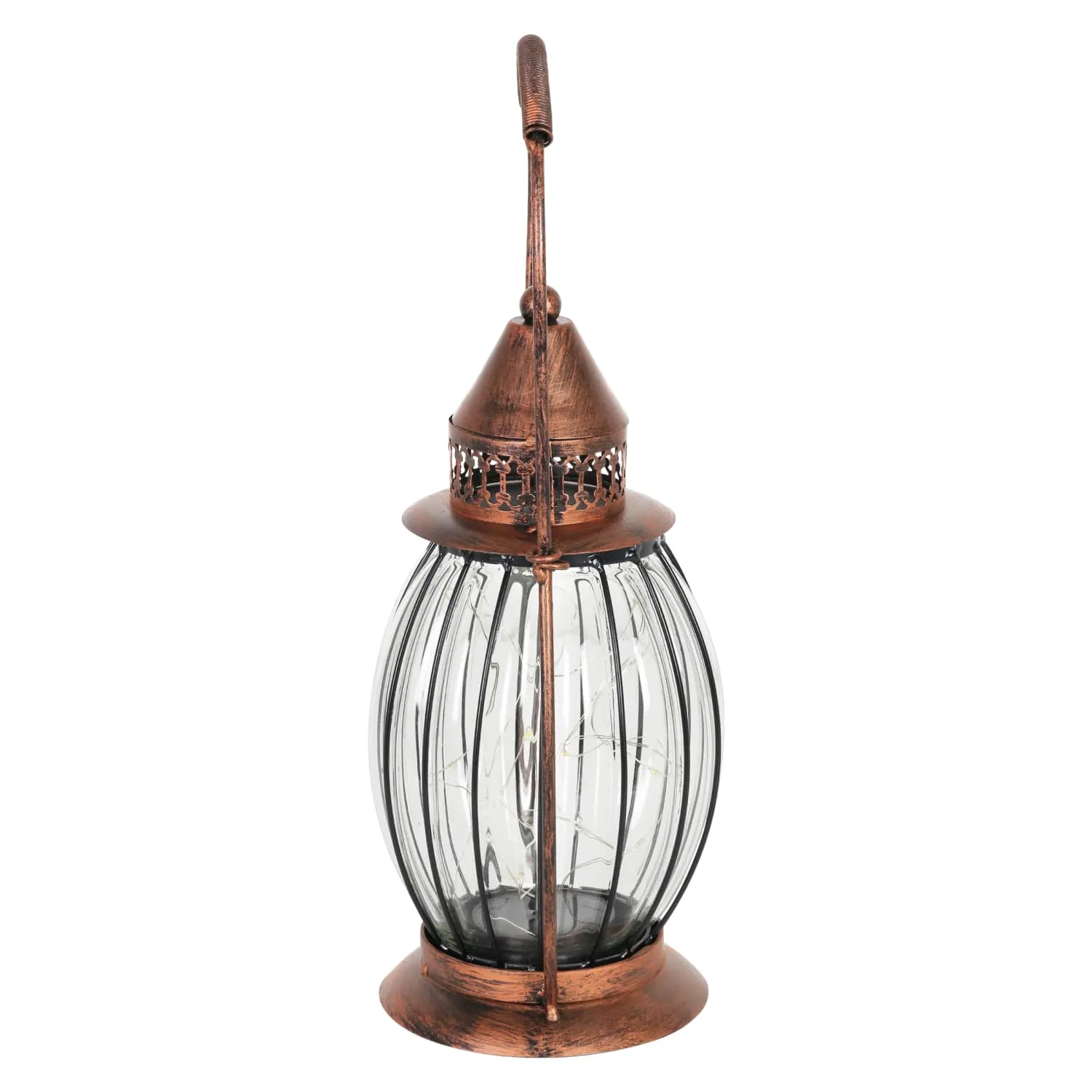 Solar Antique Metal and Clear Glass Accent Lantern with Fifteen LED Fairy Firefly String Lights, 7 by 14 Inches