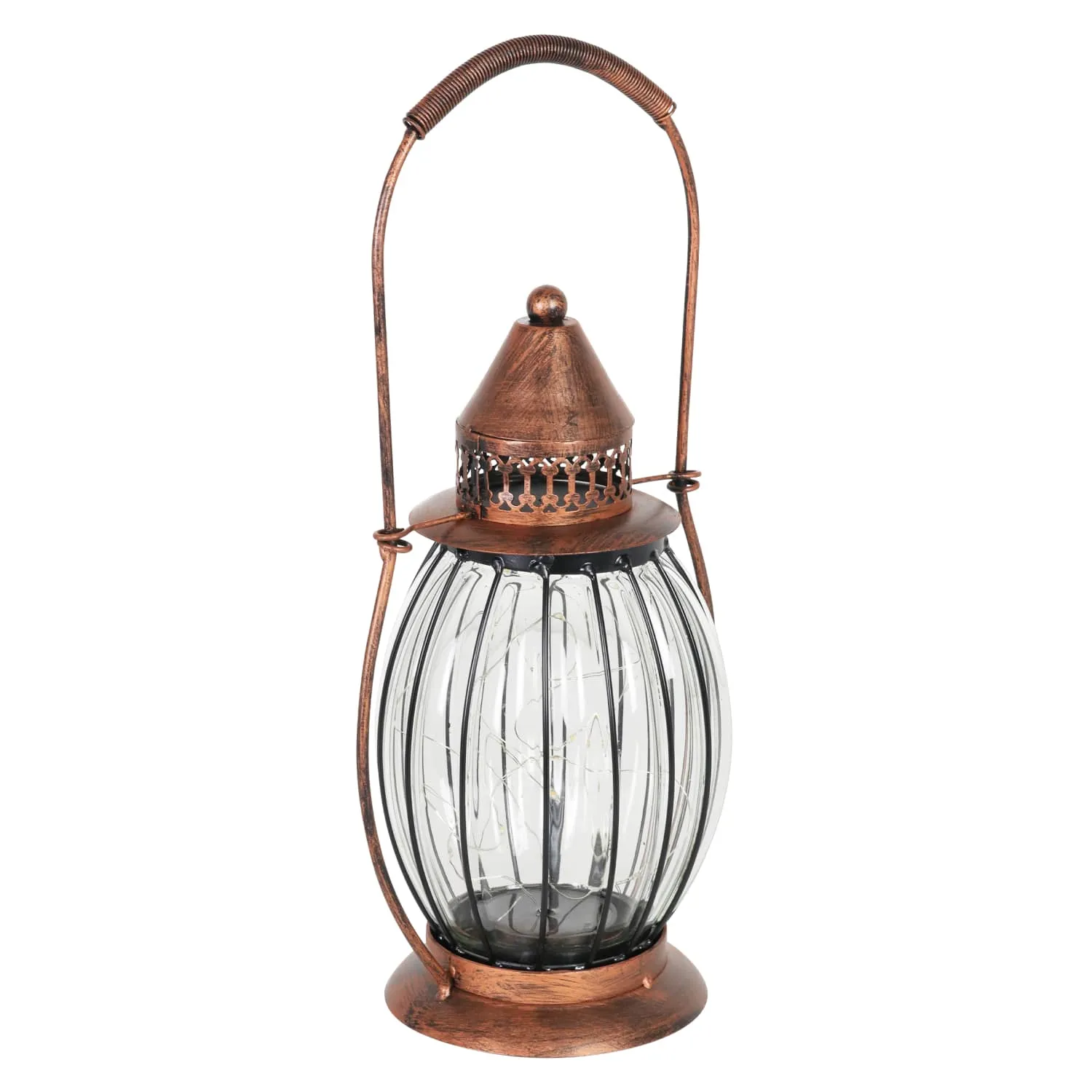 Solar Antique Metal and Clear Glass Accent Lantern with Fifteen LED Fairy Firefly String Lights, 7 by 14 Inches