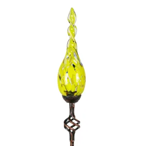 Solar Hand Blown Yellow Glass Twisted Flame Garden Stake with Metal Finial Detail, 36 Inch