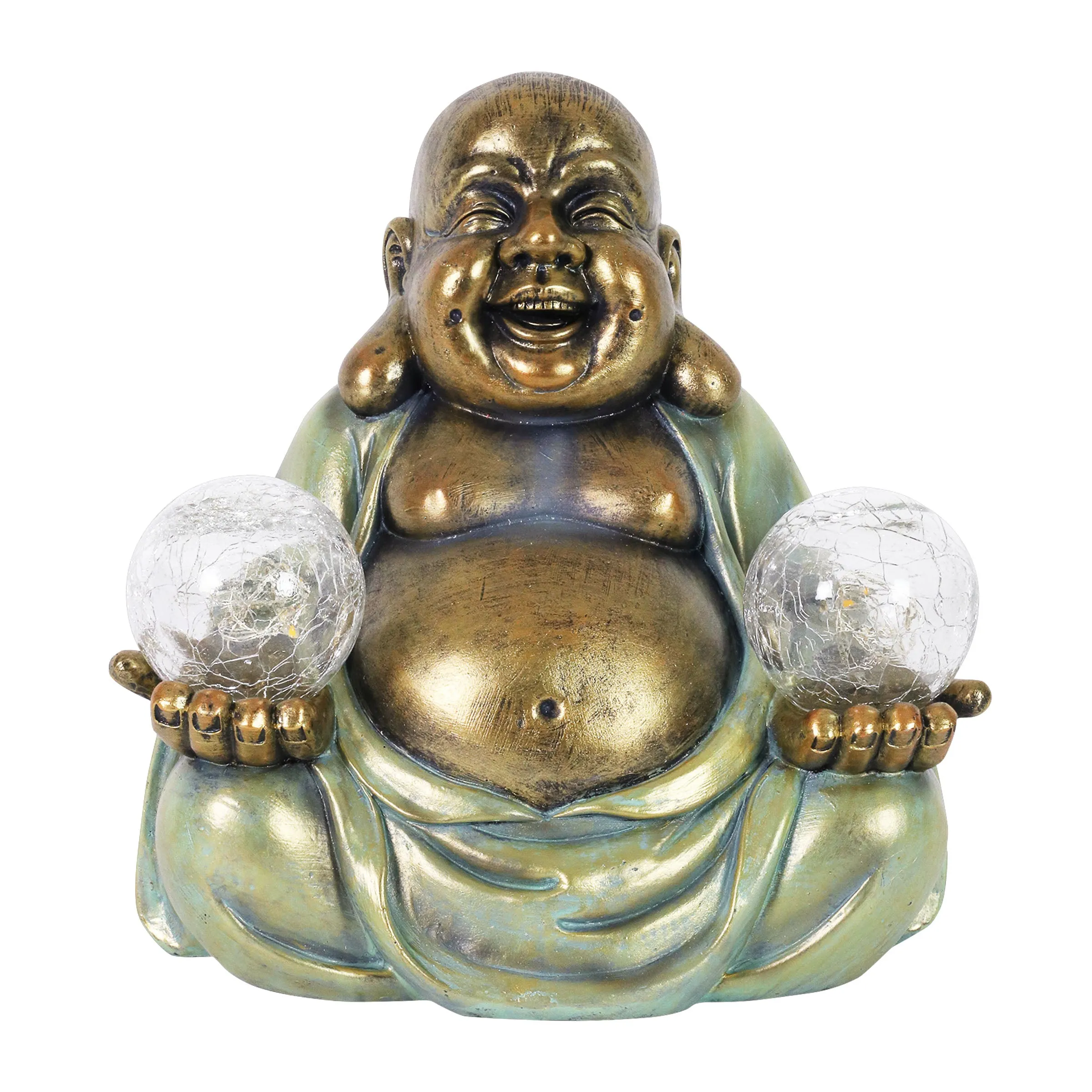 Solar Meditating Buddha in Lotus Position with Two LED Crackle Balls Statuary, 9 Inch