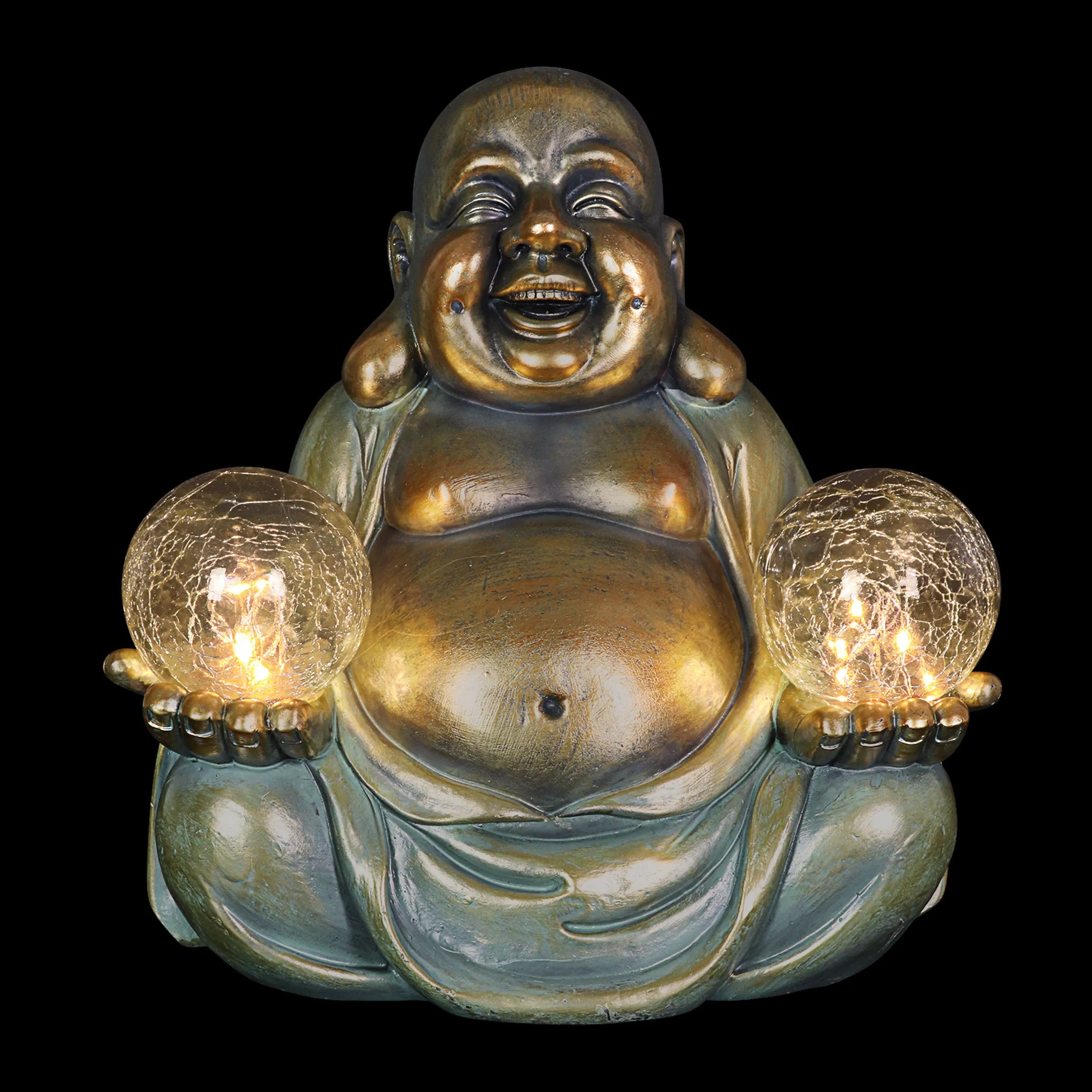 Solar Meditating Buddha in Lotus Position with Two LED Crackle Balls Statuary, 9 Inch