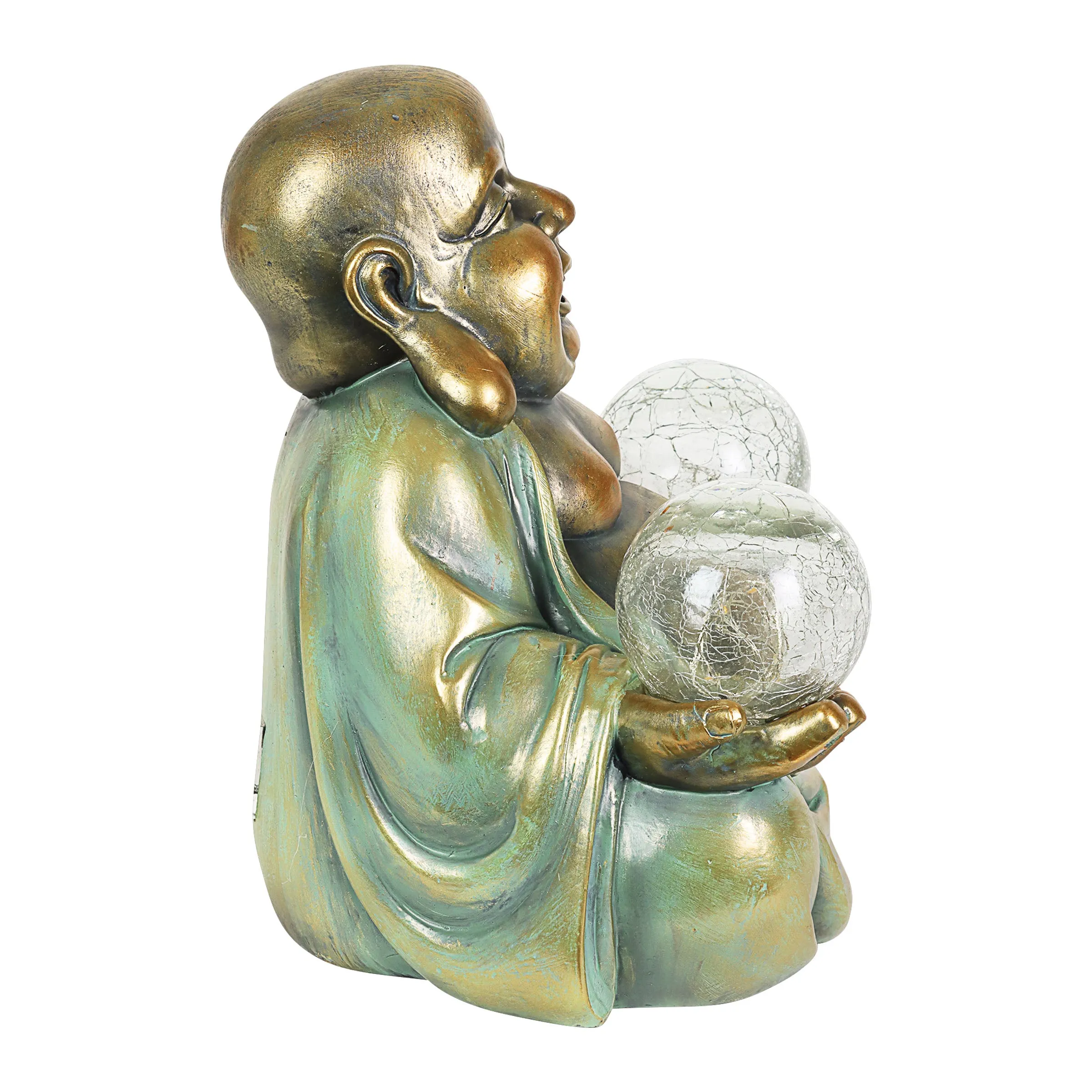 Solar Meditating Buddha in Lotus Position with Two LED Crackle Balls Statuary, 9 Inch