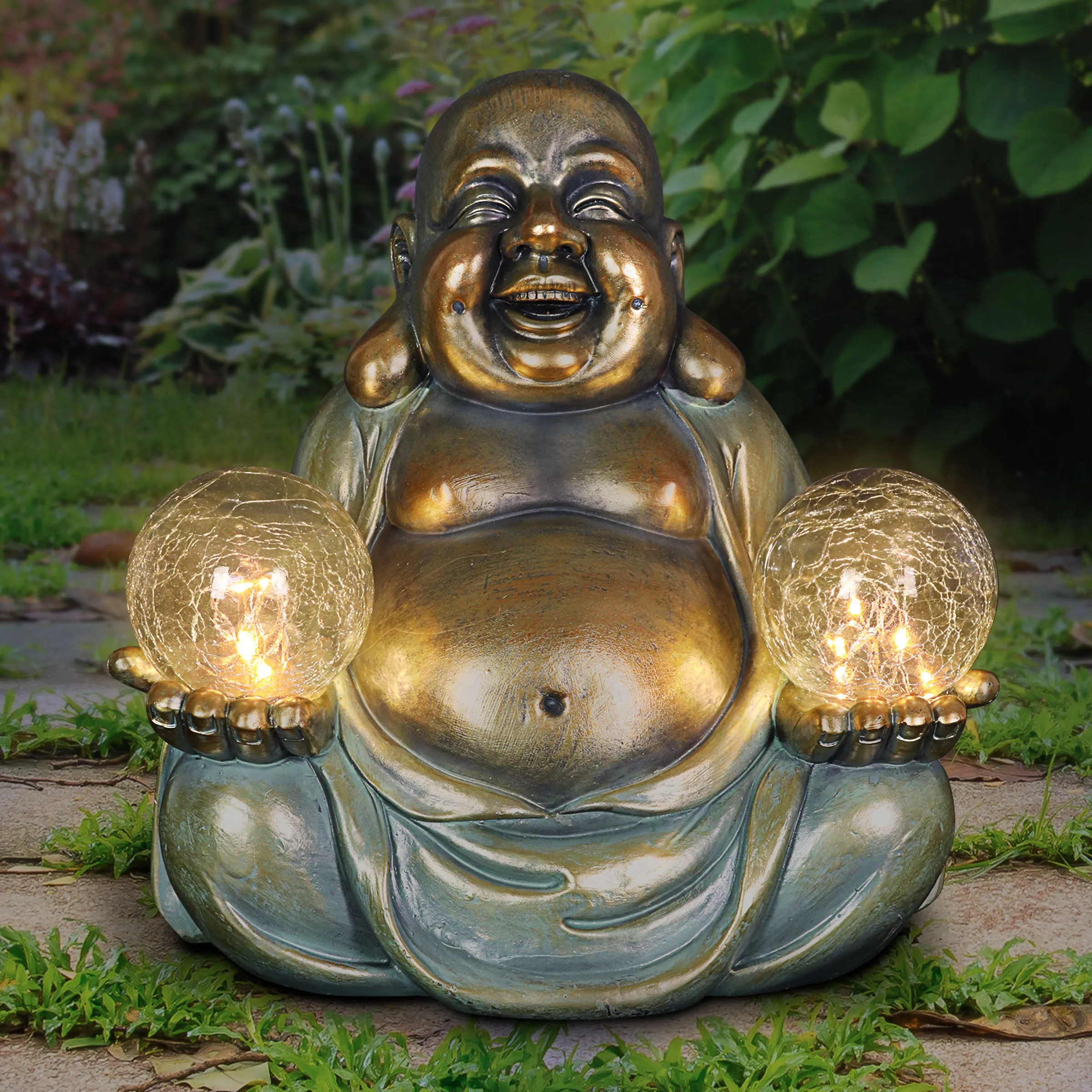 Solar Meditating Buddha in Lotus Position with Two LED Crackle Balls Statuary, 9 Inch