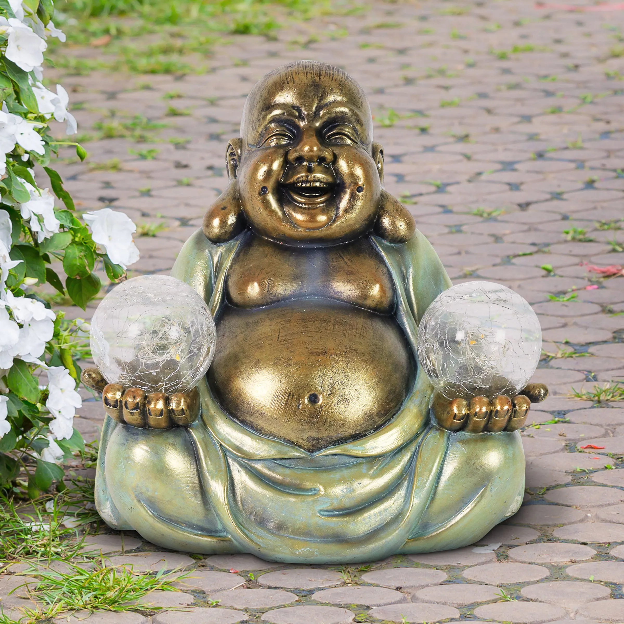 Solar Meditating Buddha in Lotus Position with Two LED Crackle Balls Statuary, 9 Inch