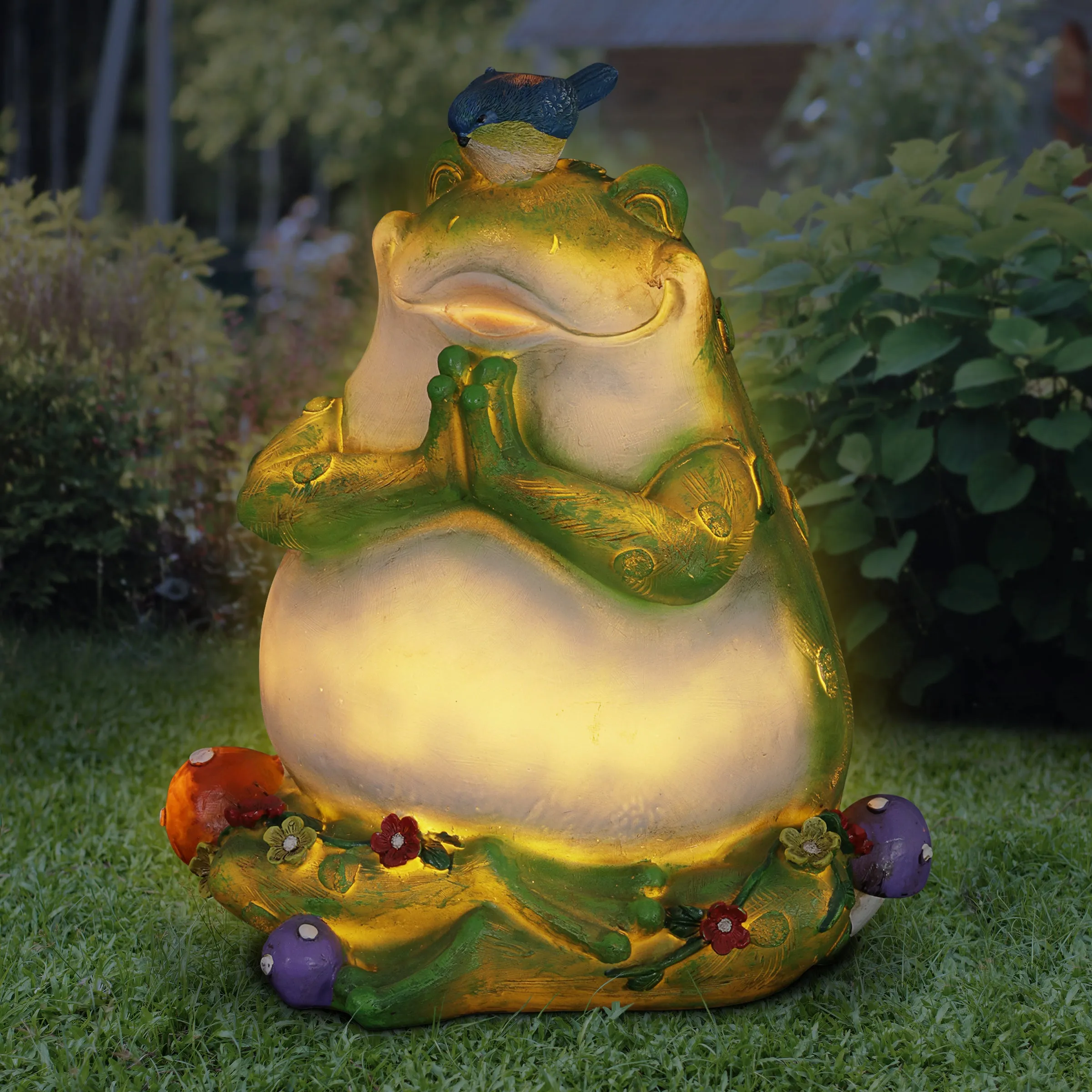 Solar Meditating Frog in Lotus Position Garden Statue, 10 Inch