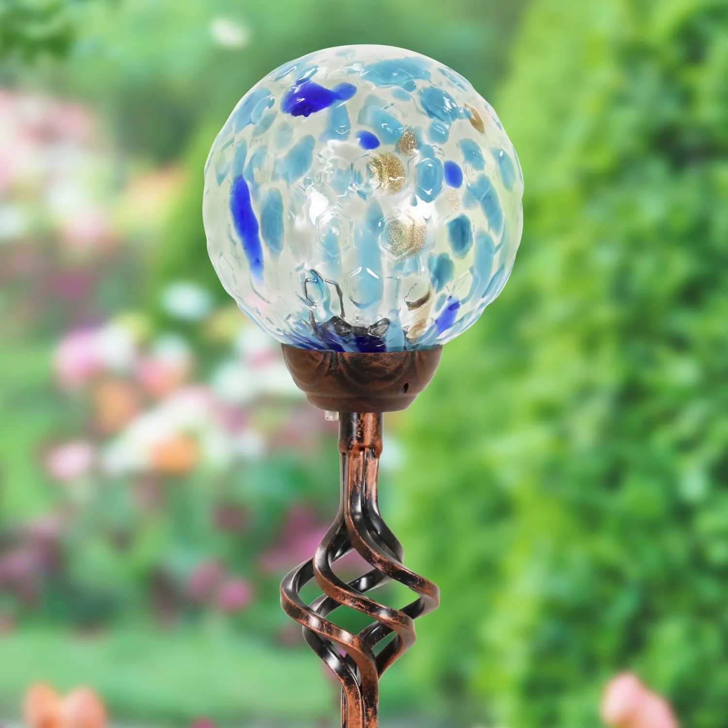 Solar Pearlized Honeycomb Glass Ball Garden Stake with Metal Finial in Light Blue, 4 by 31 Inches