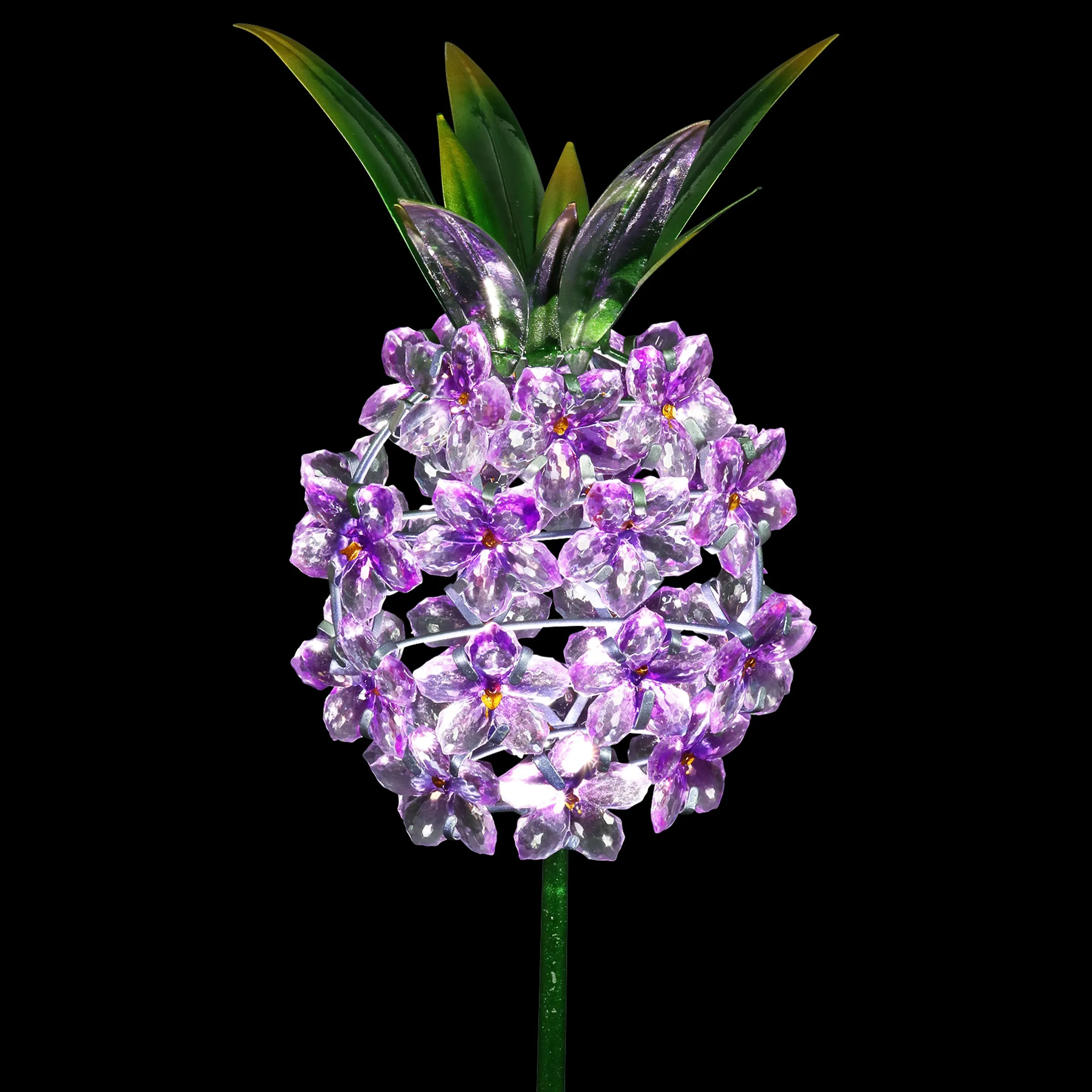 Solar Purple Acrylic Flower and Metal Pineapple Garden Stake, 6 by 34 Inches