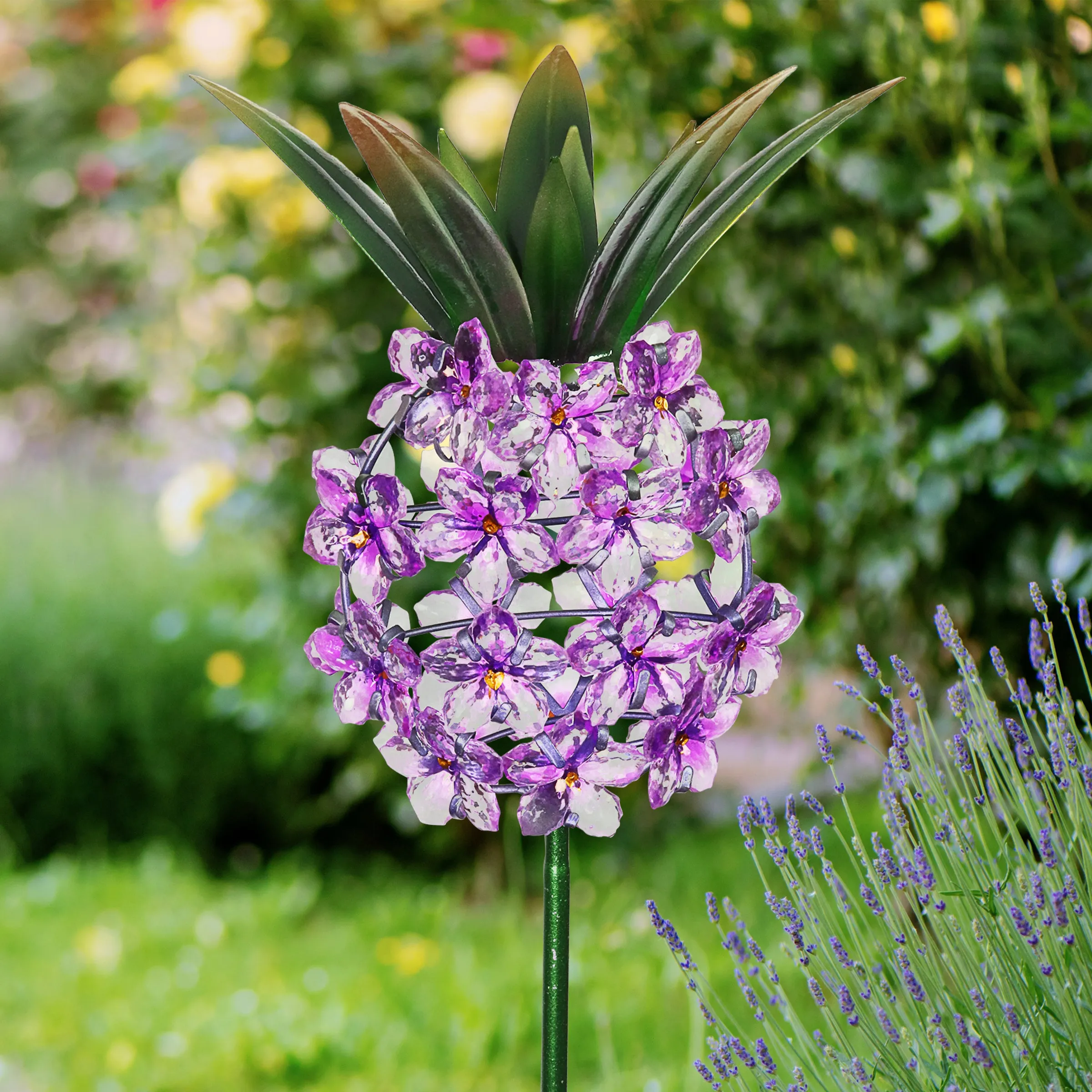Solar Purple Acrylic Flower and Metal Pineapple Garden Stake, 6 by 34 Inches