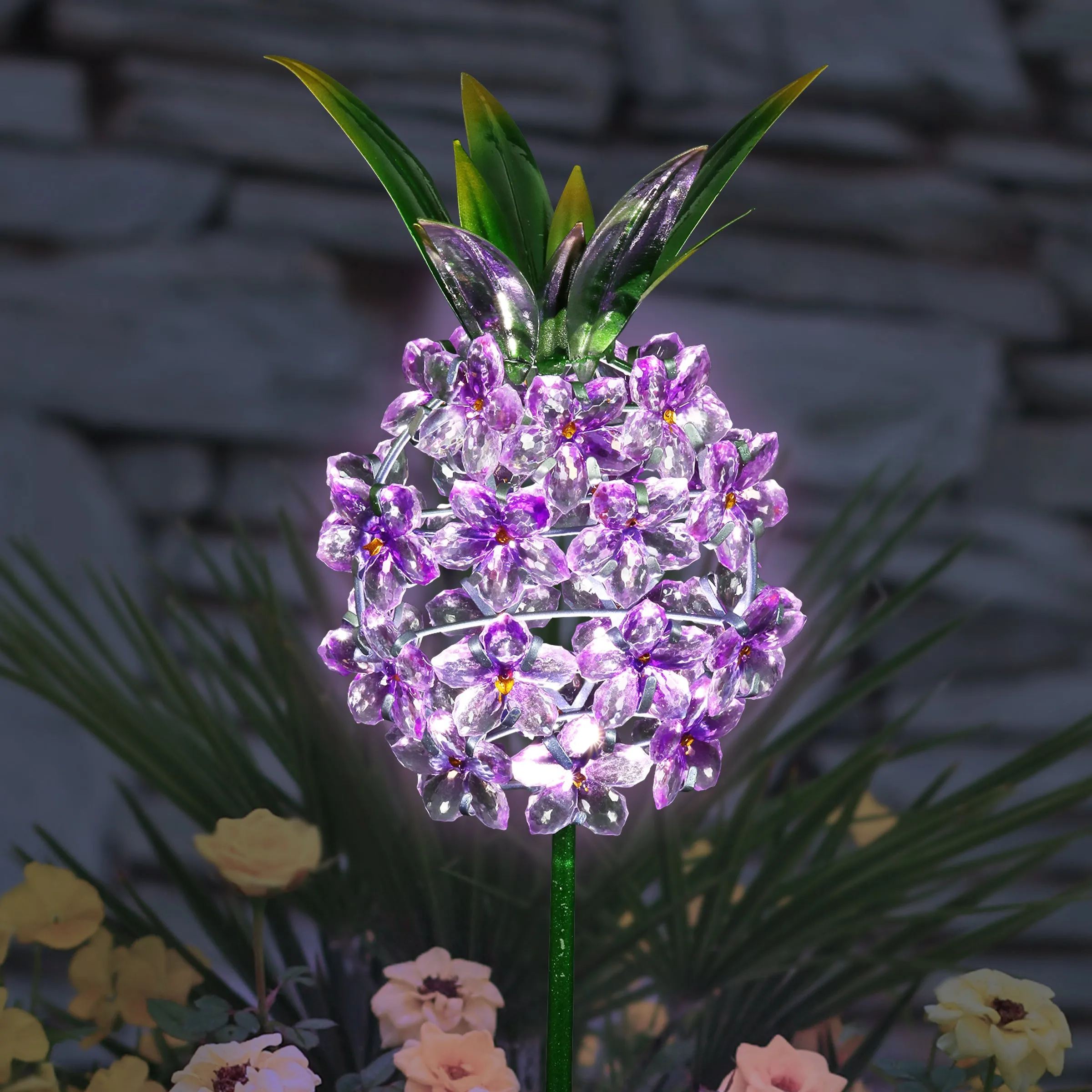 Solar Purple Acrylic Flower and Metal Pineapple Garden Stake, 6 by 34 Inches