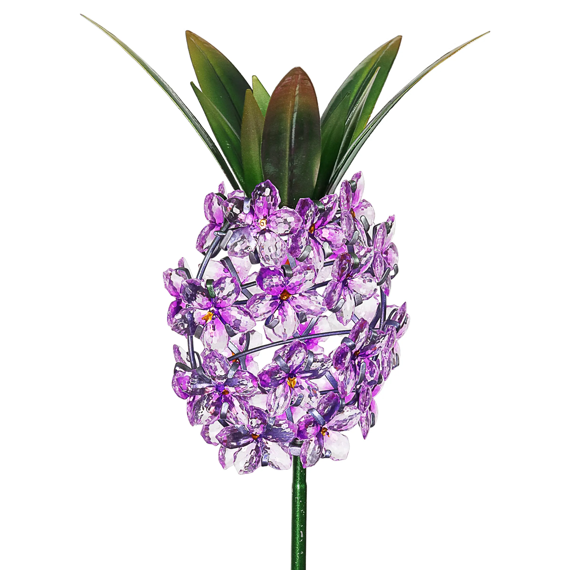 Solar Purple Acrylic Flower and Metal Pineapple Garden Stake, 6 by 34 Inches