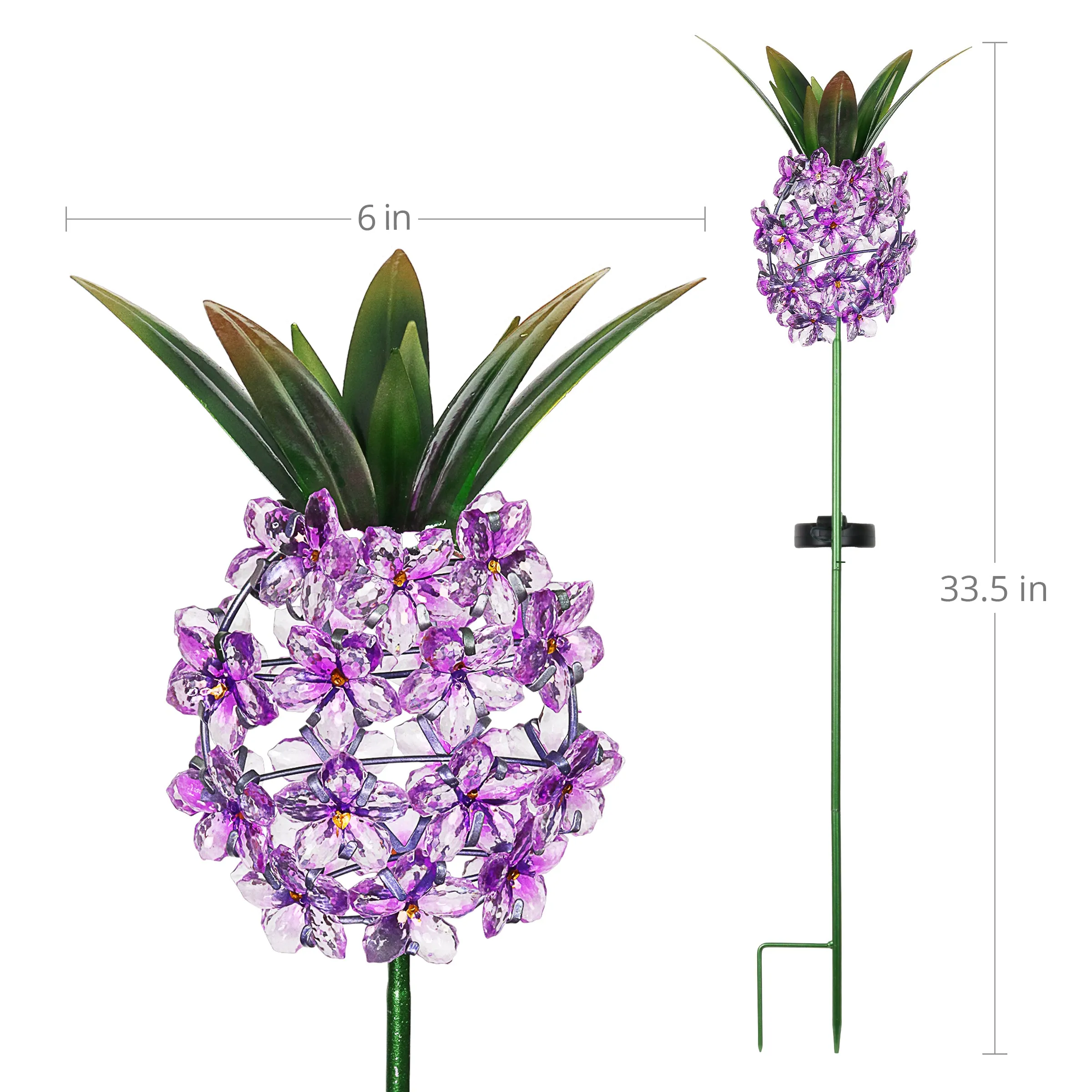 Solar Purple Acrylic Flower and Metal Pineapple Garden Stake, 6 by 34 Inches
