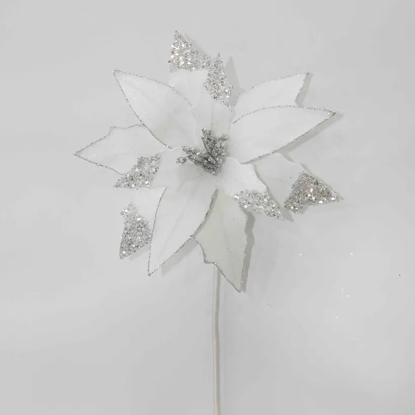 Velvet Glitter Poinsettia Stem 22" - White/Silver