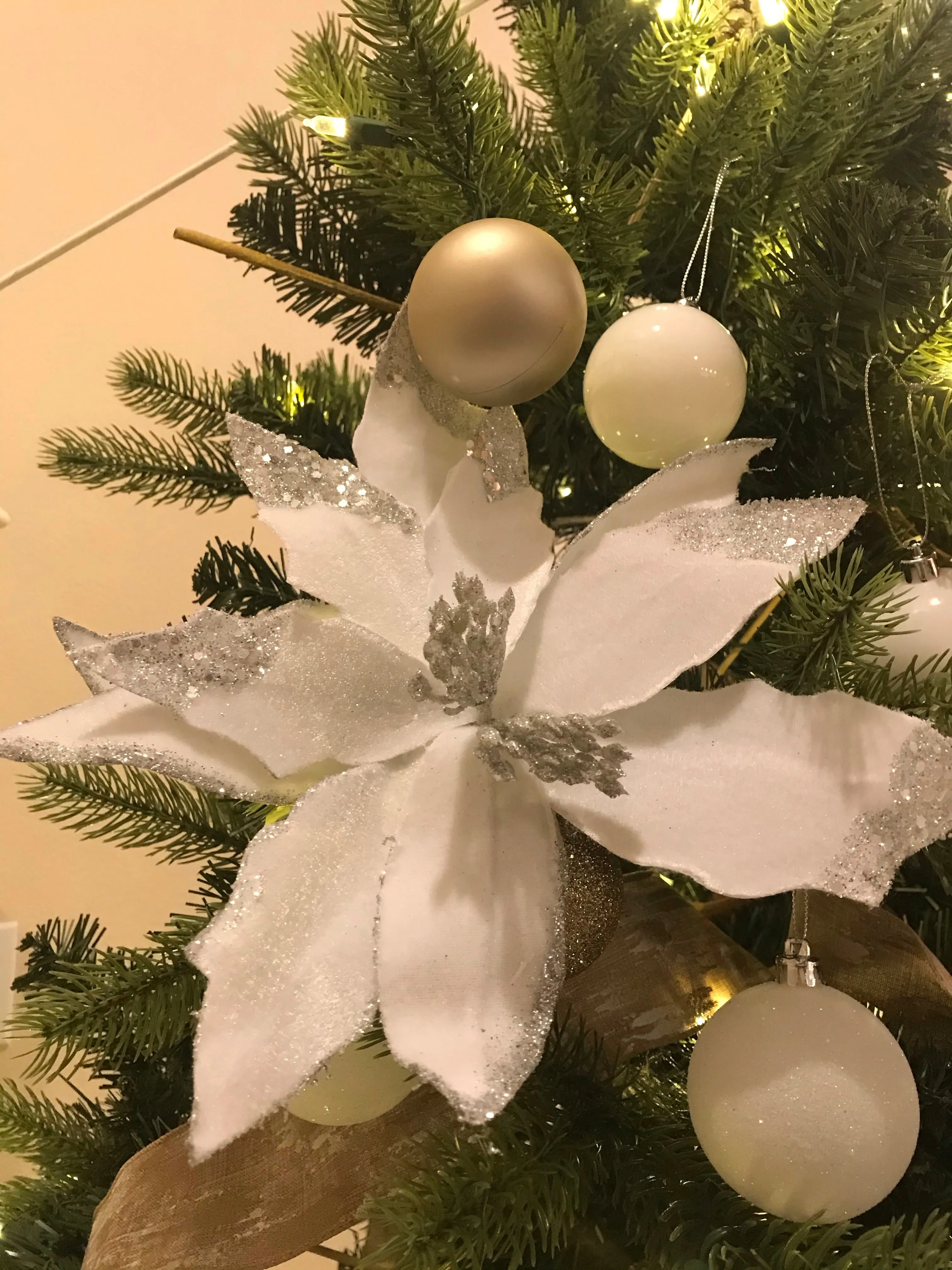 Velvet Glitter Poinsettia Stem 22" - White/Silver