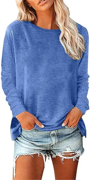 Womens Fashion Blouse Fitted Long Sleeves Crewneck Sweatshirt Solid Color Tops Pullover Casual Loose Hoodies