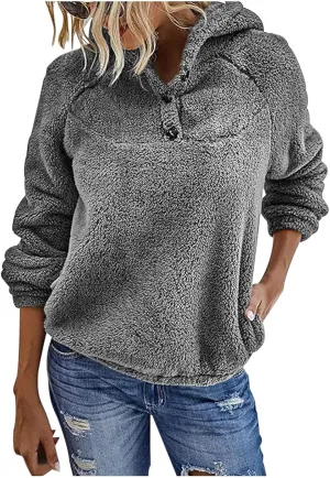 Womens Sherpa Fuzzy Pullover Hoodies Comfy Oversized Sweatshirts With Pockets Button Down Fuzzy Warm Sweaters Tops