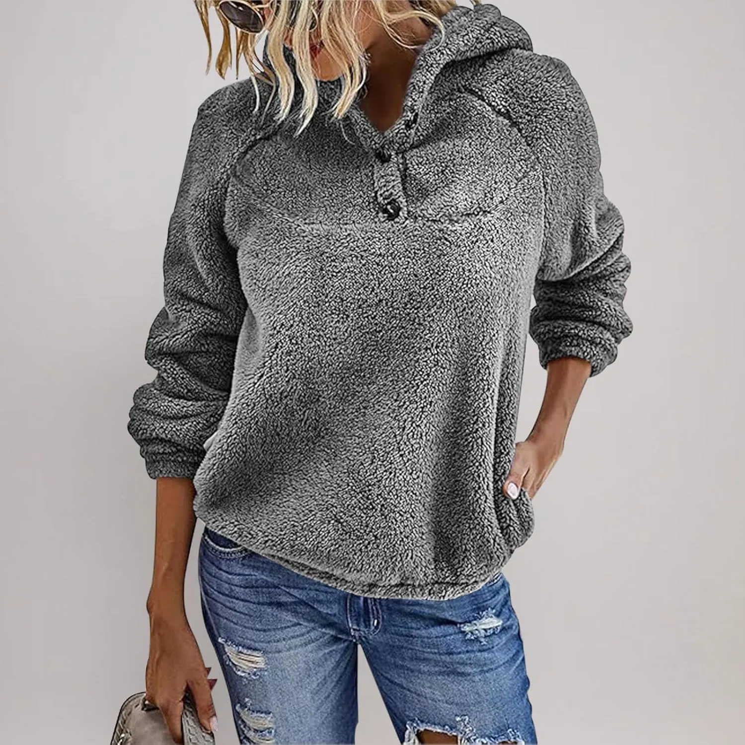 Womens Sherpa Fuzzy Pullover Hoodies Comfy Oversized Sweatshirts With Pockets Button Down Fuzzy Warm Sweaters Tops